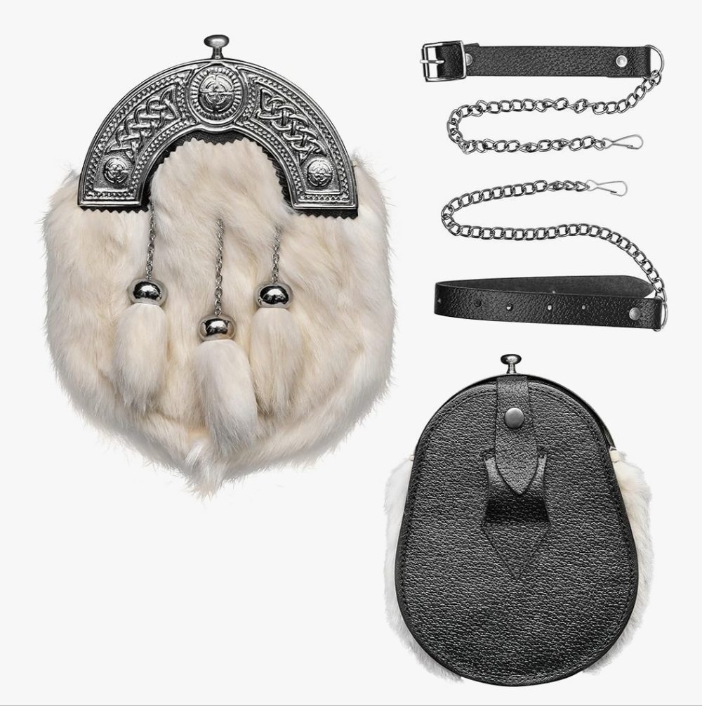 NWT Mens Fur Full Dress Scottish kilts Sporran with Chain Belt Kilt